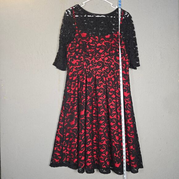 Adrianna Papell Womens Fit Flare Dress Red Black Lace Overlay Feminine Event - Picture 9 of 14